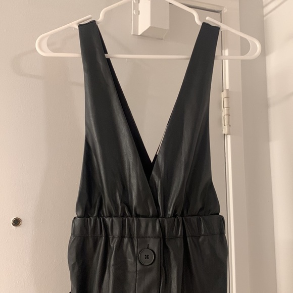 Women's Black Faux Leather Dungaree Dress - Picture 2 of 6